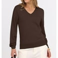thumbnail image 7 of Women's Casual V-Neck Sweater Base Layer Knitted Long Sleeve Solid Color Top for Fall Winter Versatile Basics,Coffee,M, 7 of 7