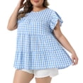 thumbnail image 2 of DARING DIVA Women's Plus Gingham Babydoll Top Crew Neck Flare 1X Blue, 2 of 6