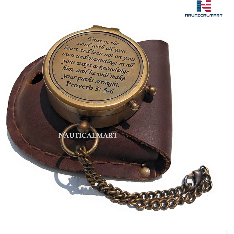 Trust In The Lord Brass Compass - Proverbs 3:5-6 Engraved With Leather Case, Religious Gift For Men