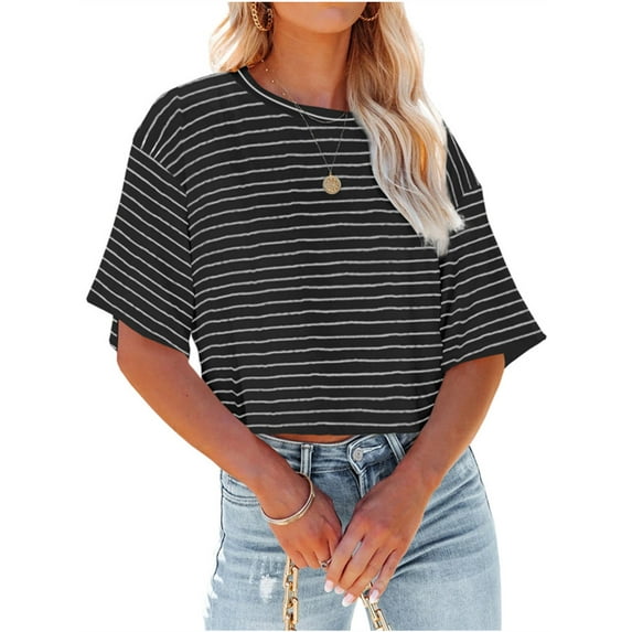 Langwyqu Short Sleeved Women Stripe Print Crop Tops Casual Shirt