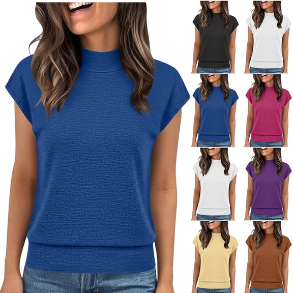 WAGUTH Women's Mock Neck Cap Sleeve Knit Tops Soft Solid Color Casual Pullover Sweater Blouses for Spring & Summer,Blue,S