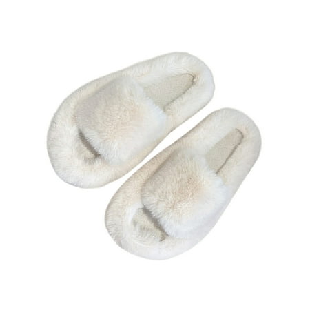 

UKAP Women s Indoor Casual Winter Plush Slipper Ladies Home Cozy Flat Fluffy Slides Lightweight Solid White 7