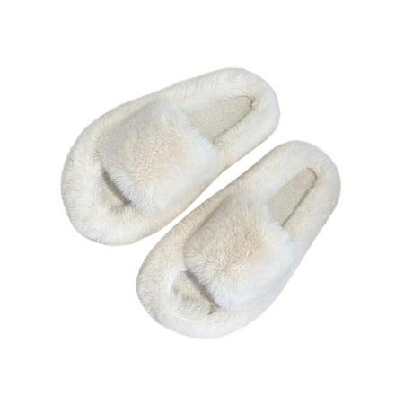 

Oucaili Women s Living Casual Flat Warm Shoe Bedroom Non-slip Cozy Fleece Slippers Comfort Solid Plush Slipper White 6.5