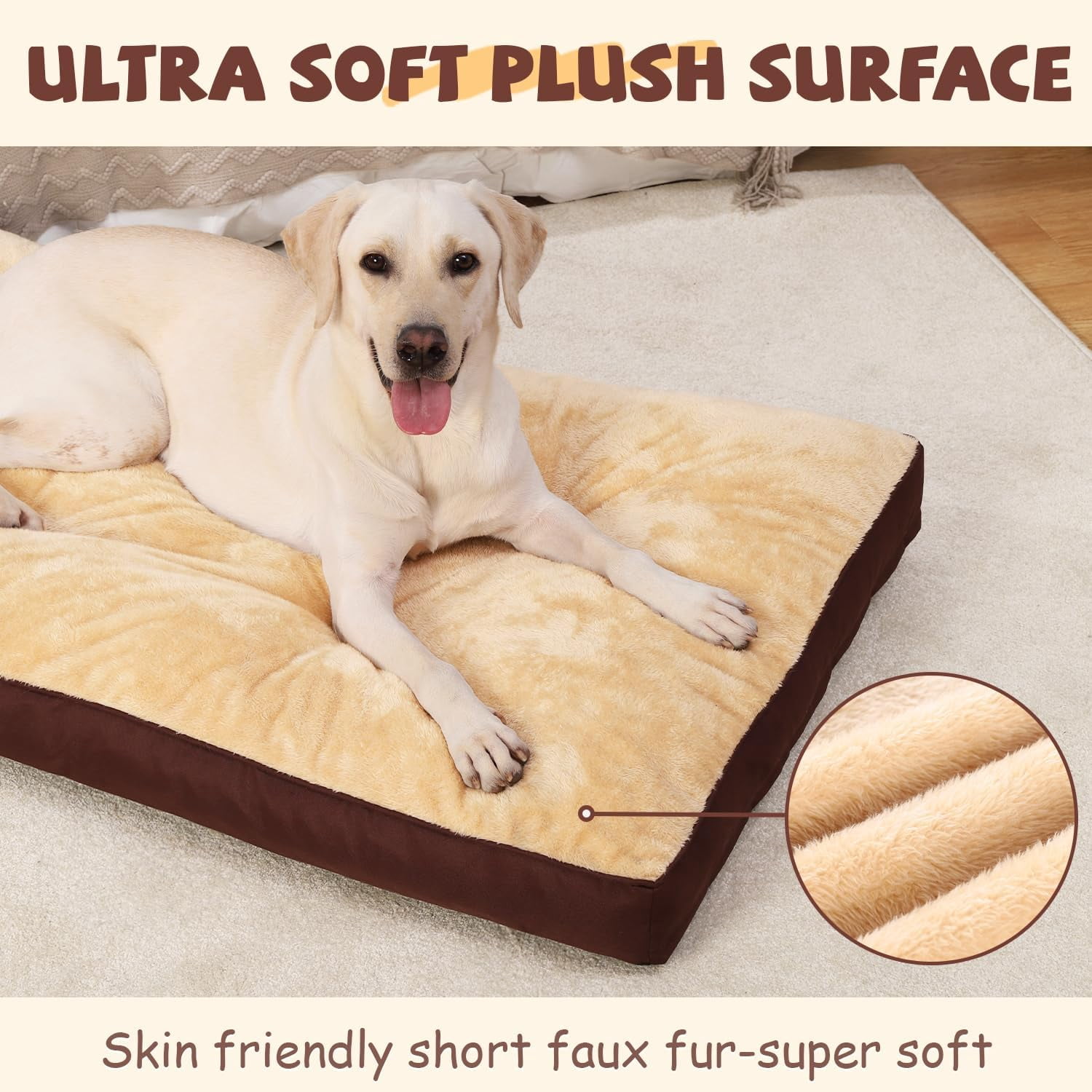 Dog Crate Bed Waterproof Deluxe Plush Dog Beds with Removable Washable Cover Anti-Slip Bottom Pet Sleeping Mattress for Large, Medium, Jumbo, Small Dogs, 47 x 29 inch, Brown