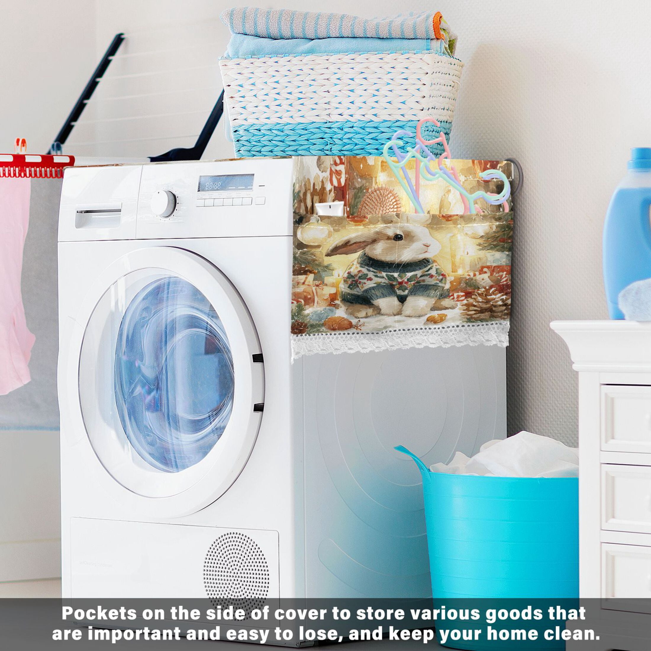 Wobogo Festive Rabbit Washing Machine Cover Dustproof Washer Dryer Cover Waterproof Laundry Room Decorative Protector
