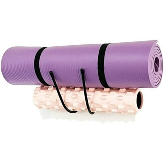Upgraded large Yoga Mat Holder Wall Mount, Metal Storage Rack for Yoga Mat/Wheels, Foam Roller etcs, Wall Rack Organizer Hooks for Hanging Stretching Strap& Resistance Bands, Yoga Room/Home Gym Decor