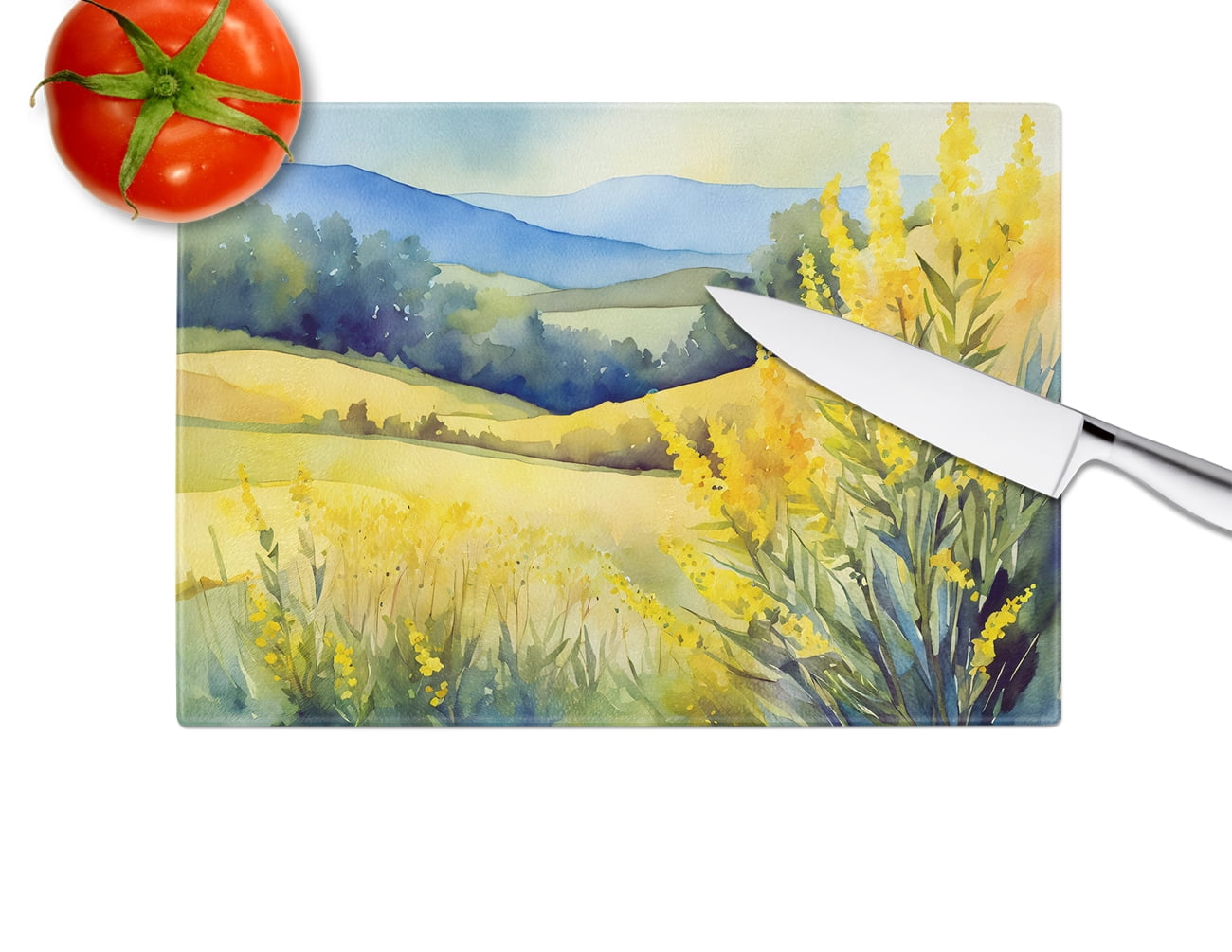 Kentucky Goldenrod in Watercolor Glass Cutting Board Large 12 in x 15 in