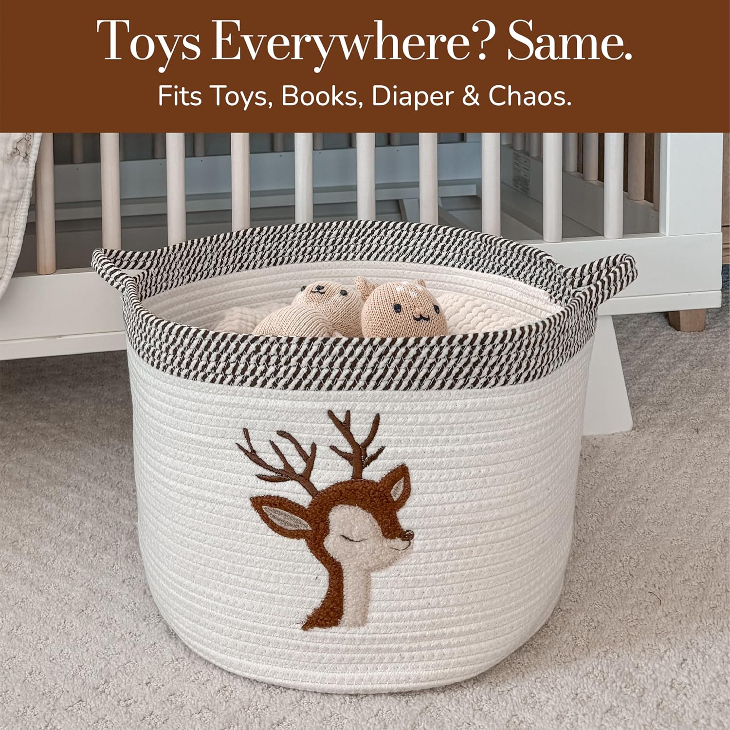 Deer Nursery Storage Basket – Large 15”x11” Cotton Rope Bin with Felt Animal Patch – Baby-Safe Toy Organizer, Laundry Hamper, Diaper & Towel Holder, Foldable & Washable
