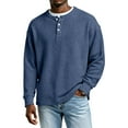 thumbnail image 2 of Mens Fall Winter Henley Shirt Casual Long Sleeve Crewneck Tops Loose Fit Solid Color Button Waffle Knit Shirts Navy 4XL, 2 of 7