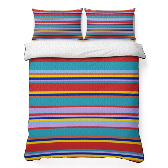 Quilt Sets King Size Mexican Serape Colorful Stripes Comforter Set Soft Bedspread Coverlet 3 Pieces Boho Style Striped Quilted Bedding Set with 2 Pillowcases Thin Comforter Bed Cover 96x106 Inch