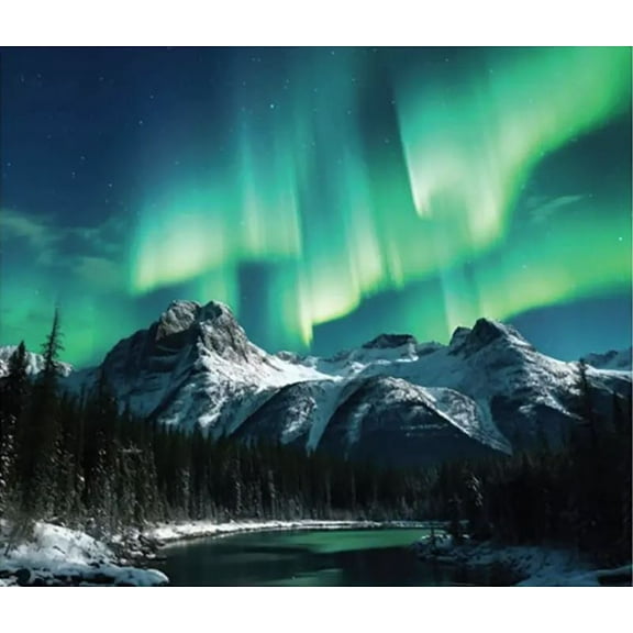 36" X 44" Panel Northern Lights Aurora Borealis Mountains Scenic Landscape Nature Cotton Fabric Panel (133145)