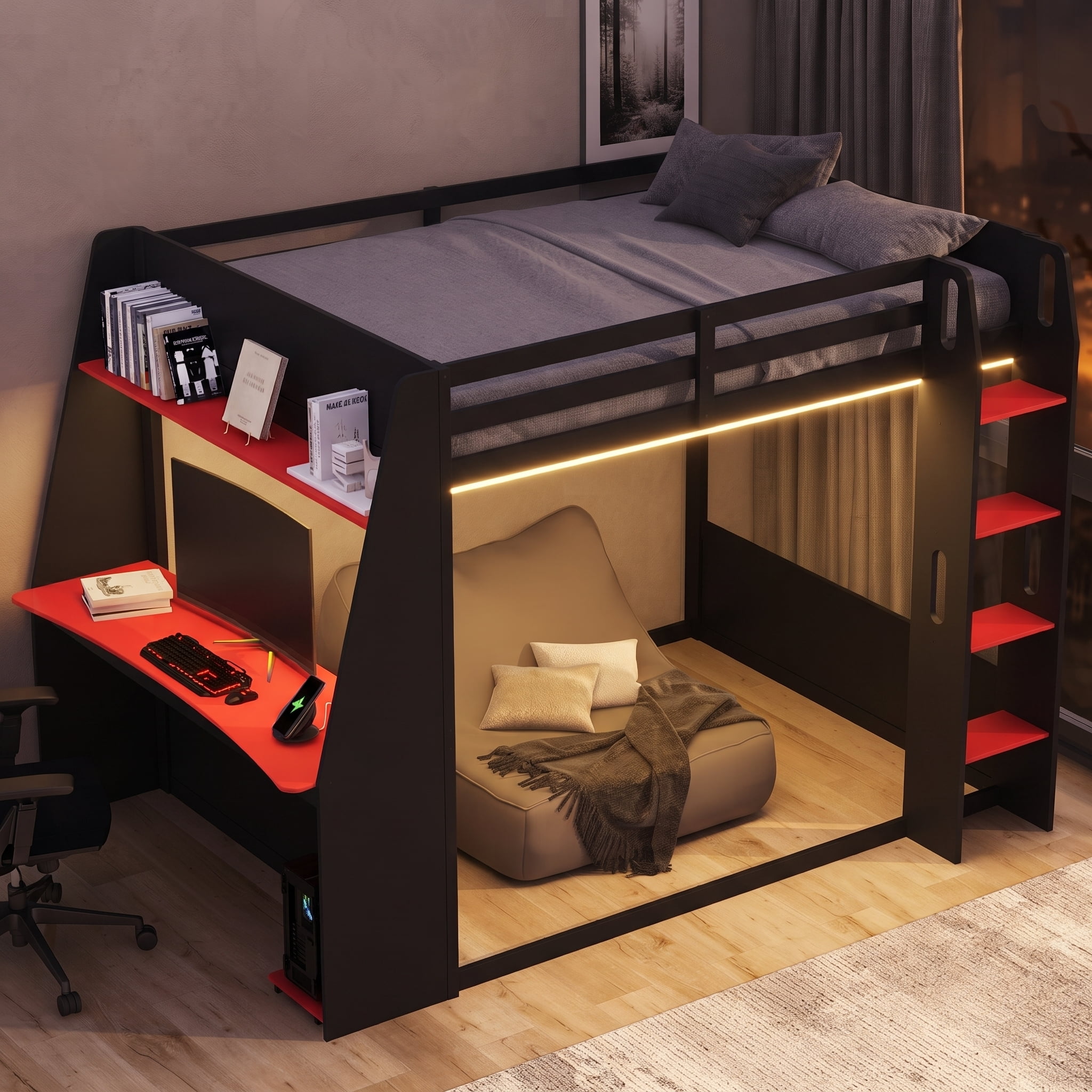 Euroco Wood Full Size Bunk Bed with Desk and Shelves, Gaming Bed with LED Light and USB Charging, Red