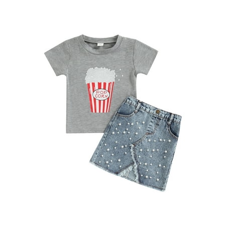 

TheFound Baby Girl Summer Clothes Cartoon Print Short Sleeve T-Shirt Shirt Pullover Top+Denim Skirt Toddler Outfits