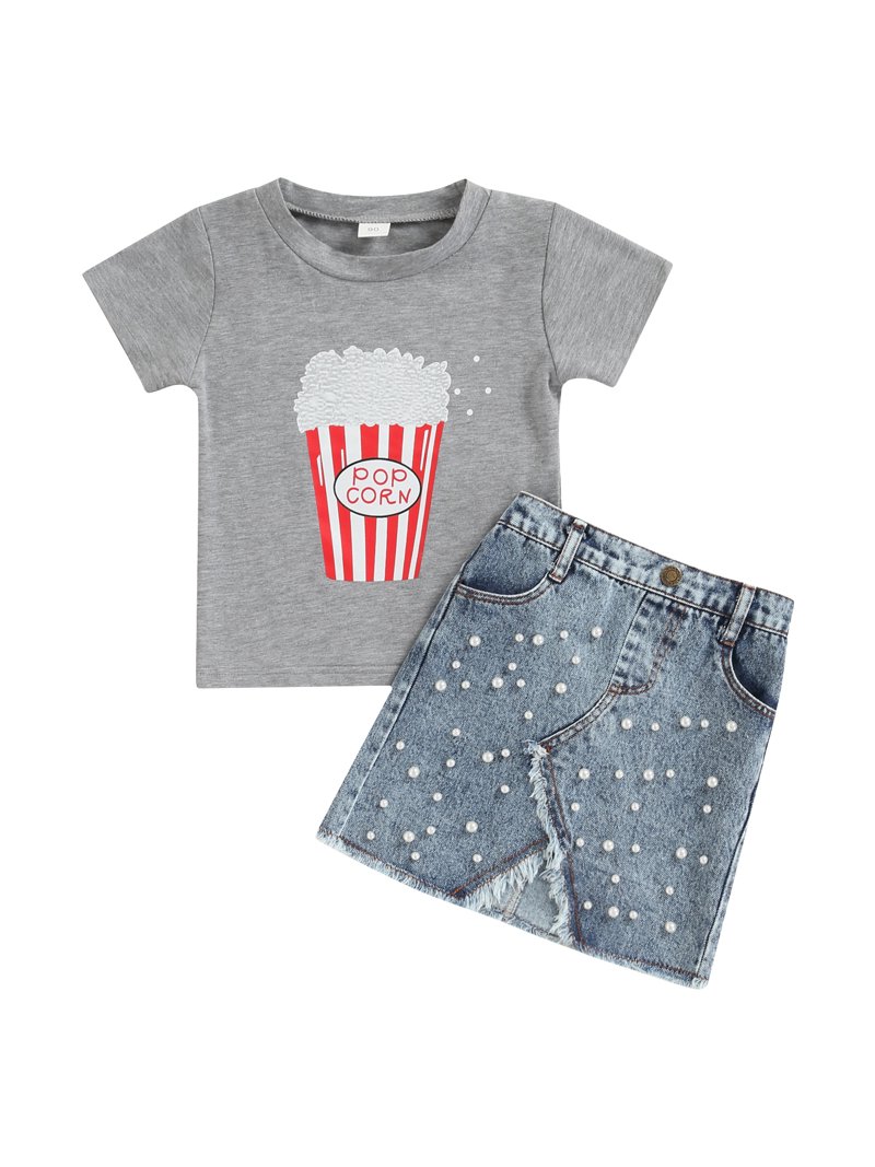 Biekopu Girl Two Piece Set, Round Neck Short Sleeve Popcorn Pattern Printed T-Shirt Denim Pearl Decor Skirt (Black, 18-24 Months)