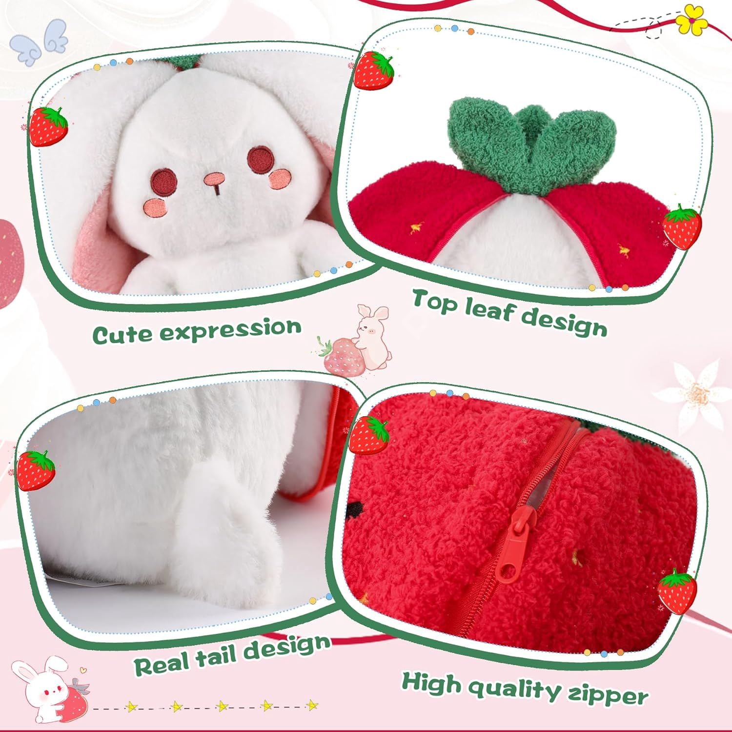 Kawaii Squishy Cute Easter Bunny Plush Turn Into Rabbit Fruit Doll Carrot Strawberry Pillow, Plushies Funny Bunny Toy for Baby
