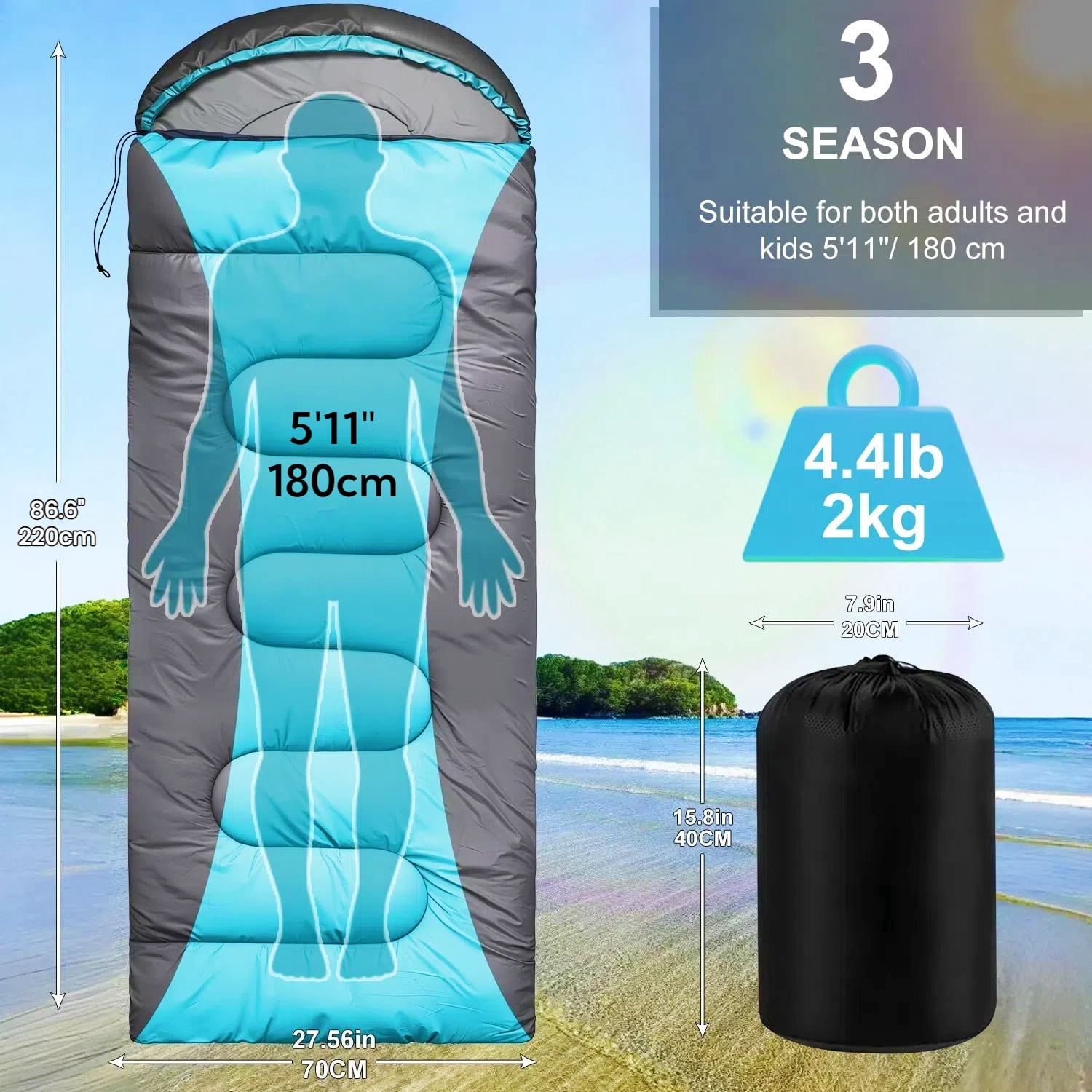 Teblint Camping Sleeping Bag for Adults Kids, 4-Season Cold Weather Sleeping Bag, Waterproof & Compression Sack Included, Camping Essentials Gear Accessories Hiking Sleep Must Haves (Blue)