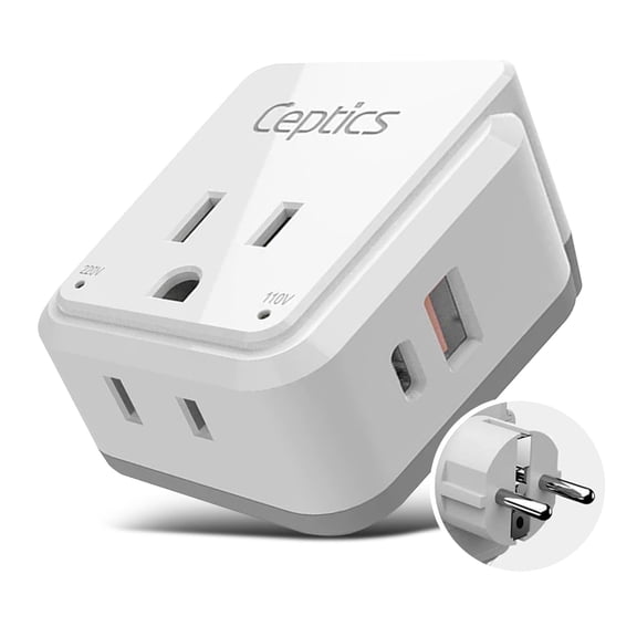 Ceptics Germany, Korea Travel Plug Adapter Set, 20W PD & QC, Safe Dual USB & USB-C - 2 USA Socket - Use in Schuko, France, Russia, Netherlands - Includes Type E/F SWadAPt Attachments