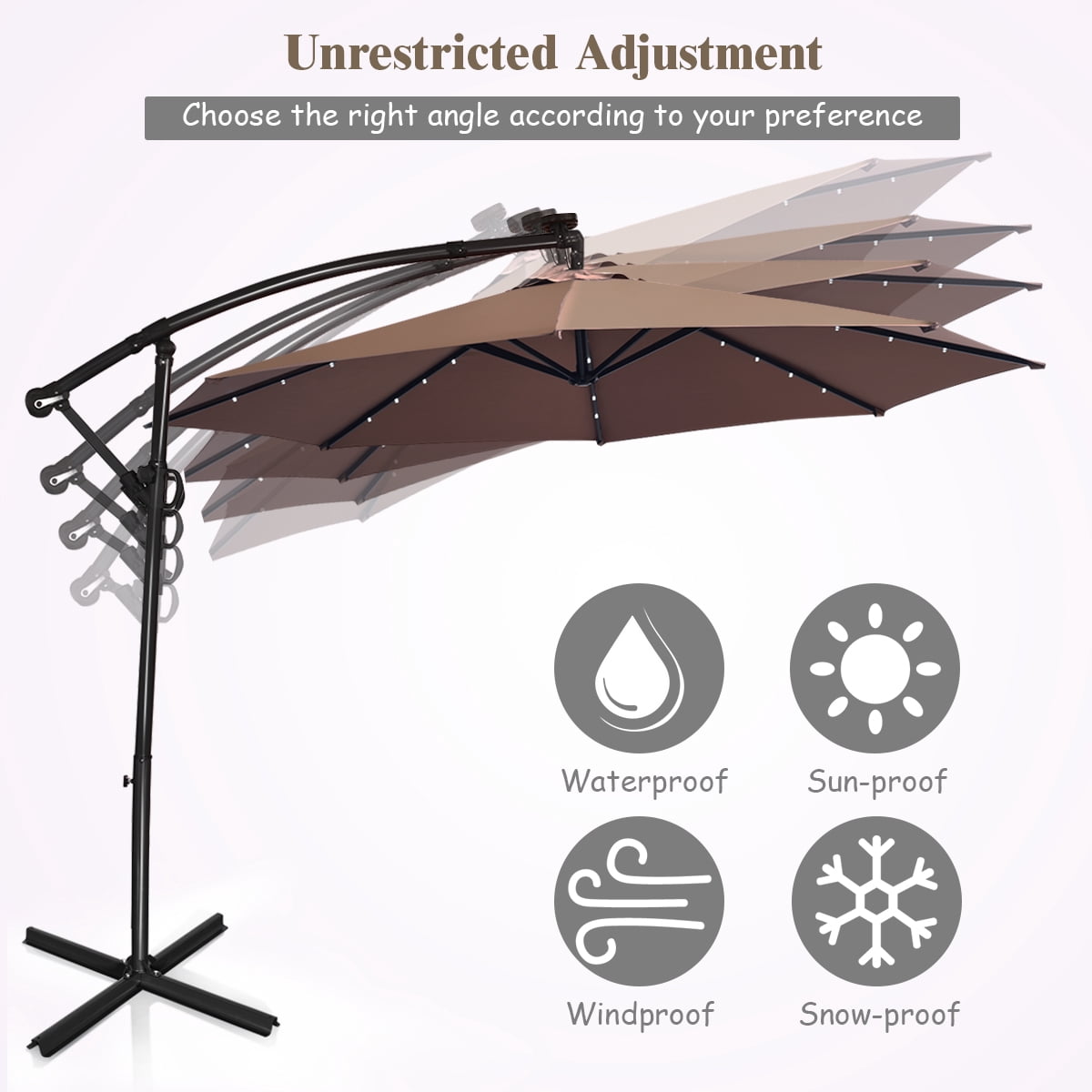 Costway 90" Brown Cantilever Patio Umbrellas, LED Lights