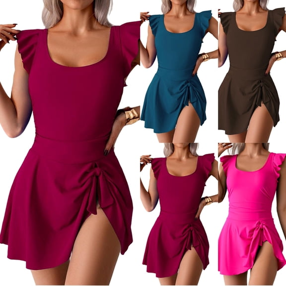 Mifsaly Womens Swim Dress Ruffle Sleeve One Piece Swimsuit Flattering Ruched Bathing Suit with Skirt Full Coverage Slim Fit Swimwear for Cruise Beach Pool Holiday M