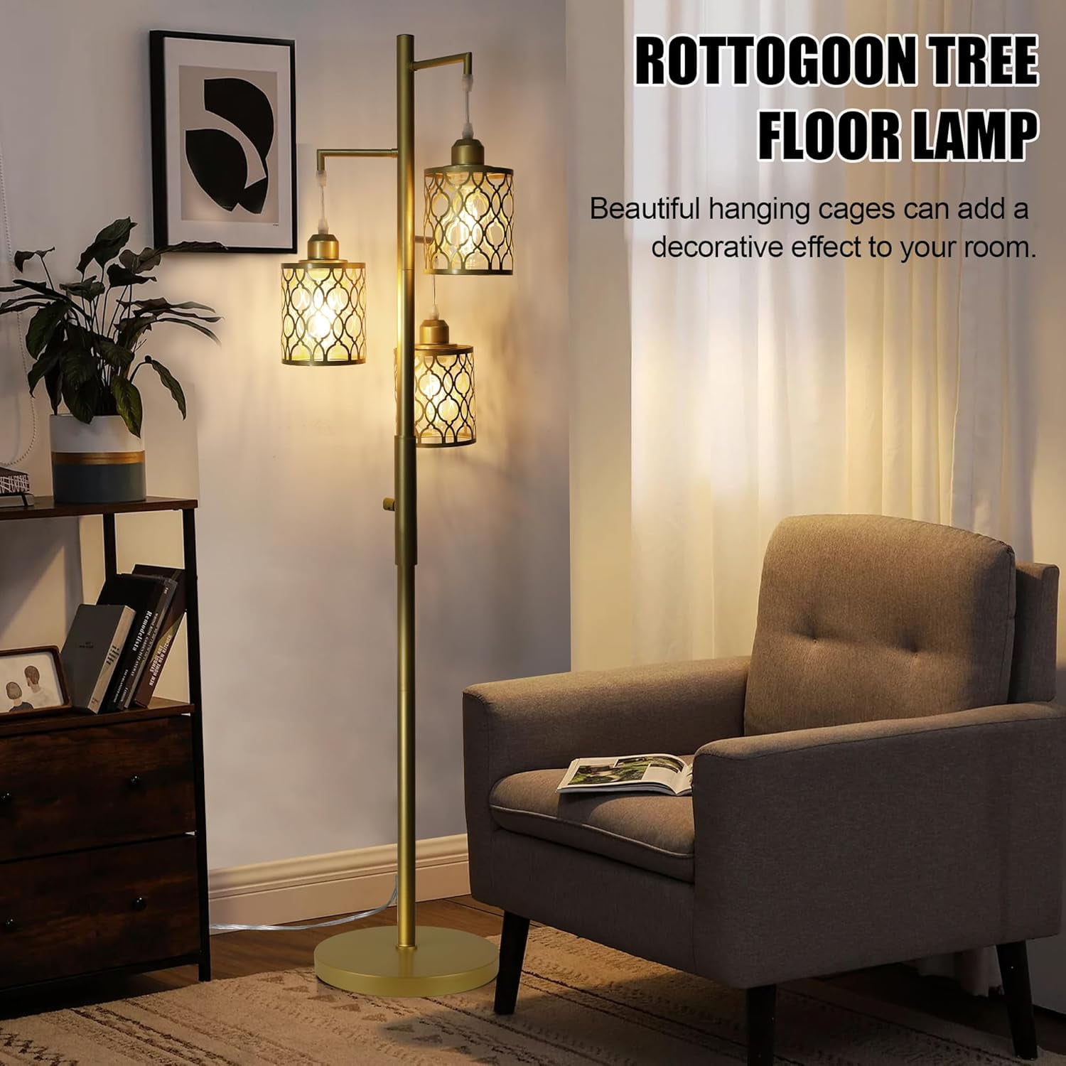 68" Gold Floor Lamp, Dimmable Industrial Floor Lamps for Living Room, 3 Light Rustic Standing Tall Lamp Including 3 PCS 6W E26 Bulbs, Farmhouse Tree Floor Lamp for Bedrooms, Office, Bar