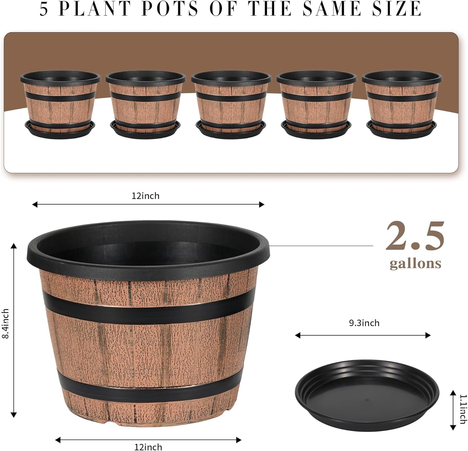 12 Inch Whiskey Barrel Planters with Drainage Holes & Saucer, 5 Pack Plastic Plant Pots with Wine Barrel Design, Flower Pots for Indoor Outdoor Balcony