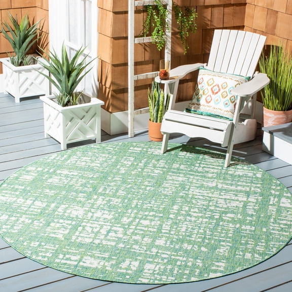SAFAVIEH Courtyard Charlie Abstract Indoor/Outdoor Area Rug, Green Blue/Ivory, 6'7" x 6'7" Round