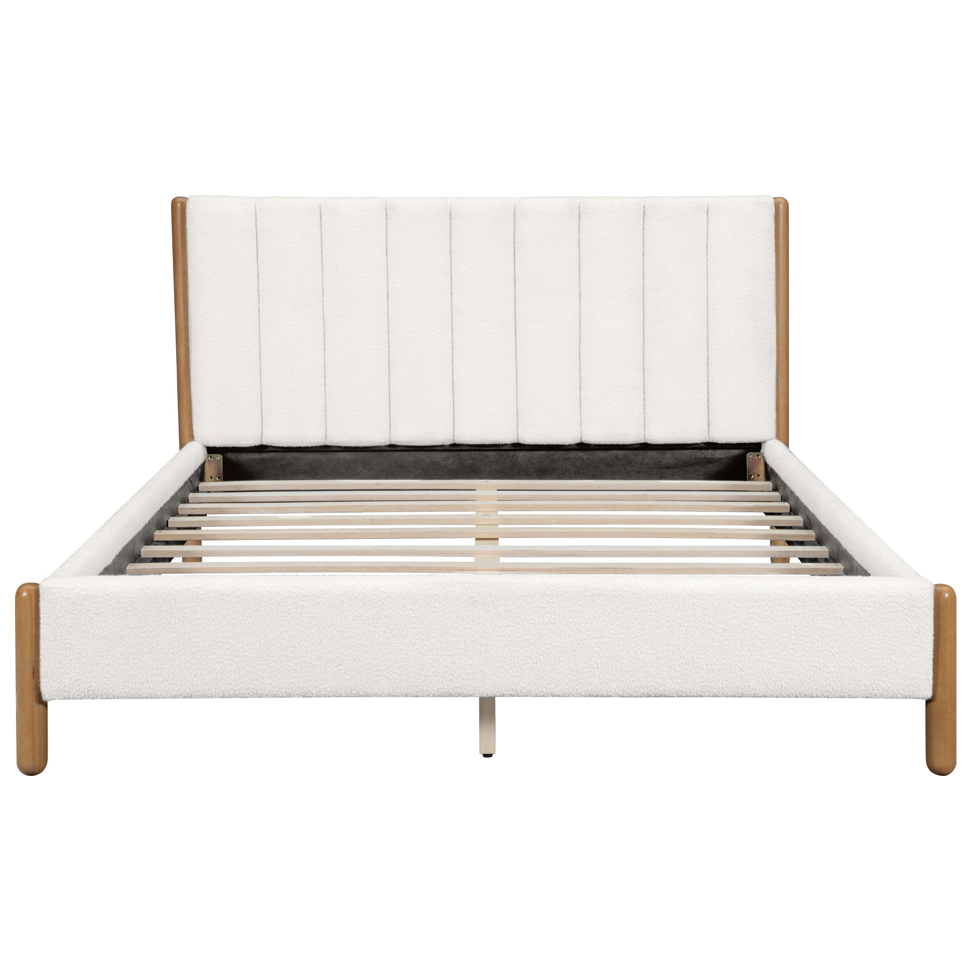 Queen Size Bed Frame with Boucle Upholstered Thick Headboard & Solid Wood Legs, Platform Bed with Vertical Stripes Design for Bedroom, White