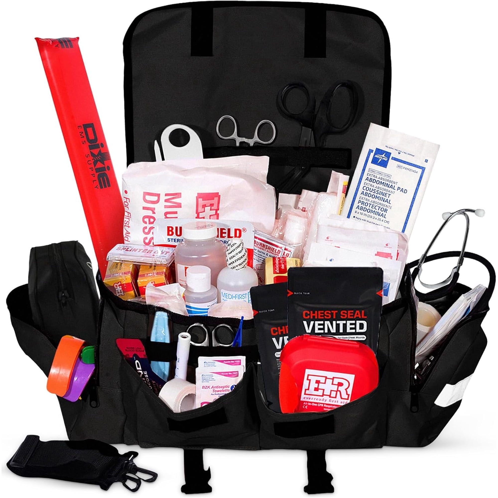 Ever Ready First Aid Fully Stocked EMT Trauma Bag Feat.Chest Seals, Bleeding Control Kit, Bandages, Shears, Gauze Pads and Rolls (Black)