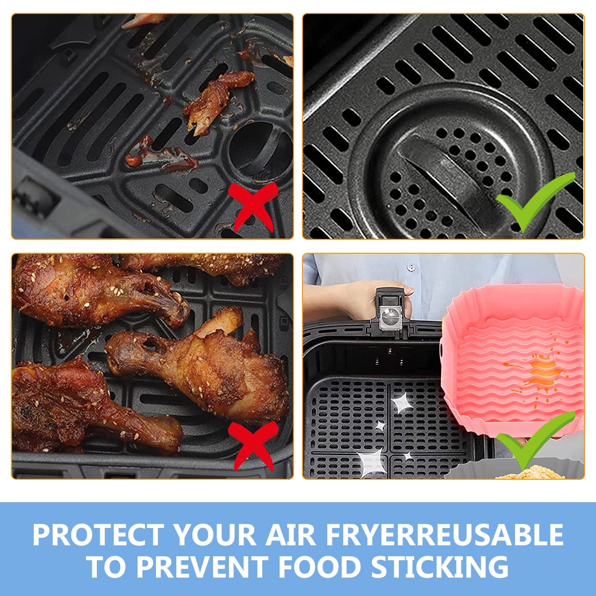 MMH 2Pcs Air Fryer Silicone Liners- Air Fryer Silicone Pot, Reusable Silicone  Airfryer Liner Replacement Baking Tray Basket Insert, Non-stick， Easy  Cleaning， Food Safe， Black 