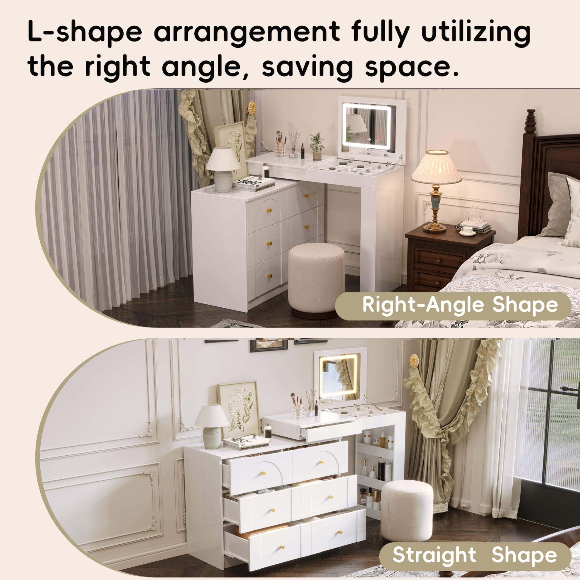 Noble House Vanity Desk with Mirror and Lights, Flip-Top Makeup Table with 7 Drawers, 9 Compartments,White
