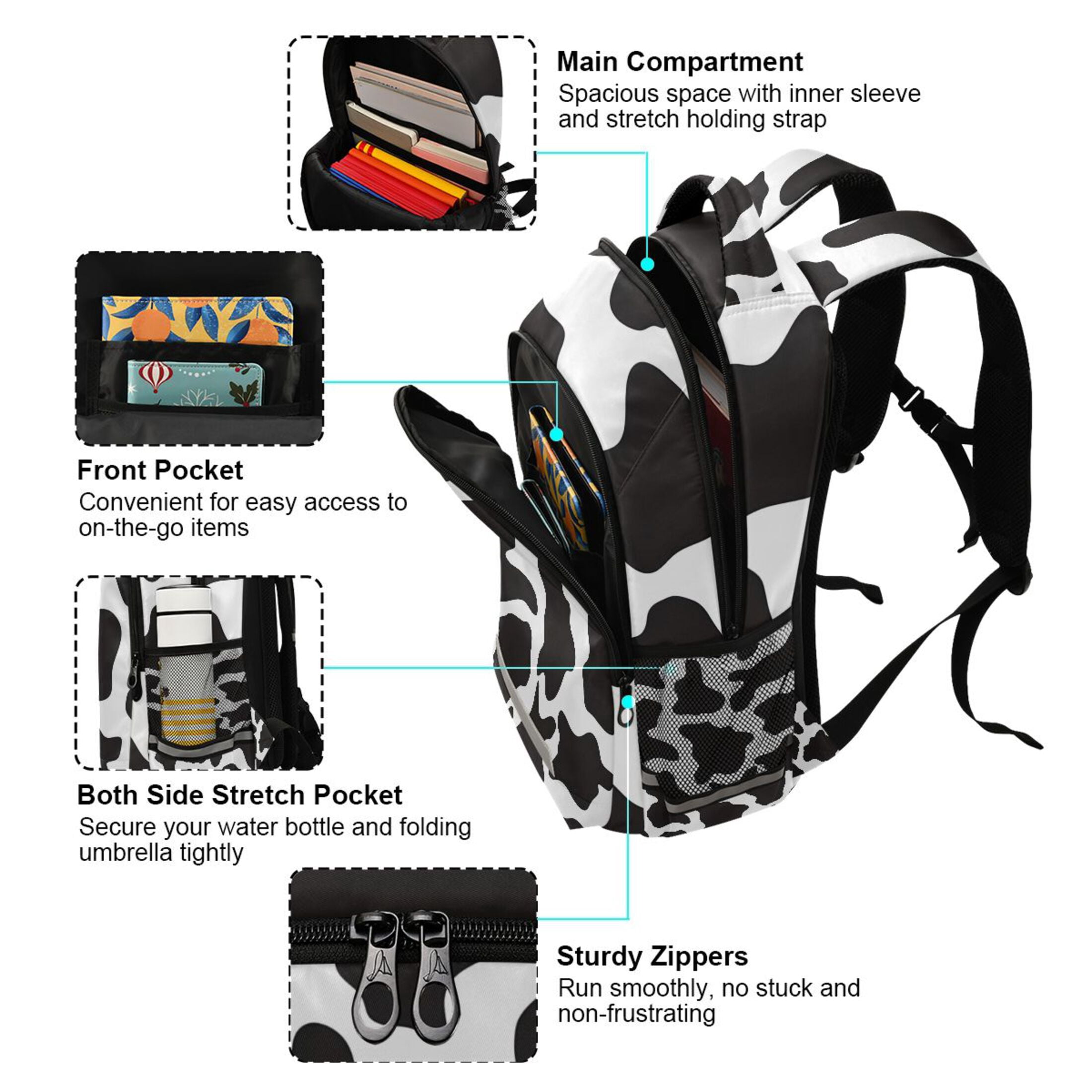 ALAZA Cow Print Backpack Elementary School Bag Bookbag Travel Rucksack