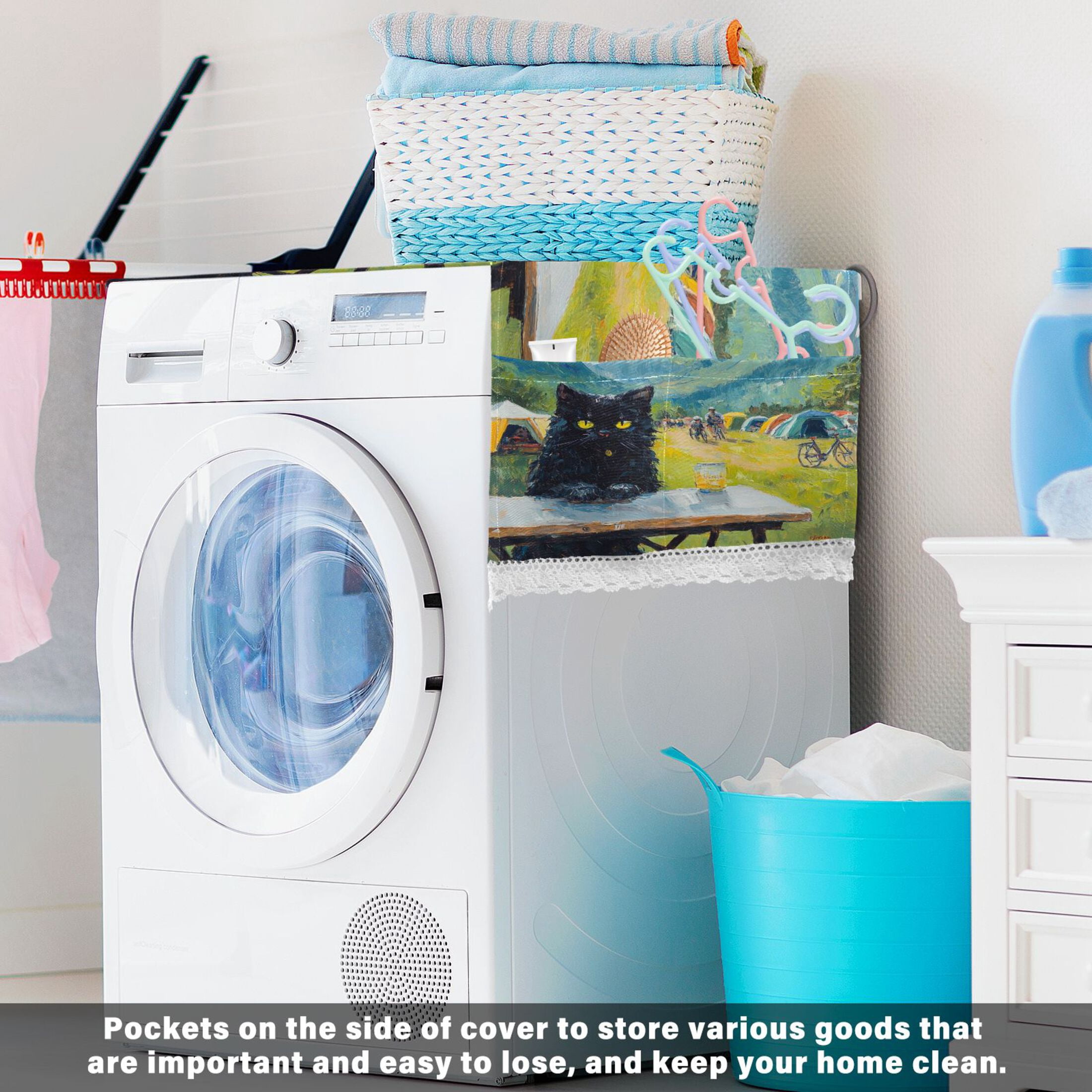 Washing Machine Cover 51.2x22in, Durable Polyester Dust Cover with Lace Trim and Side Pocket for Appliances Picnic Black Cat