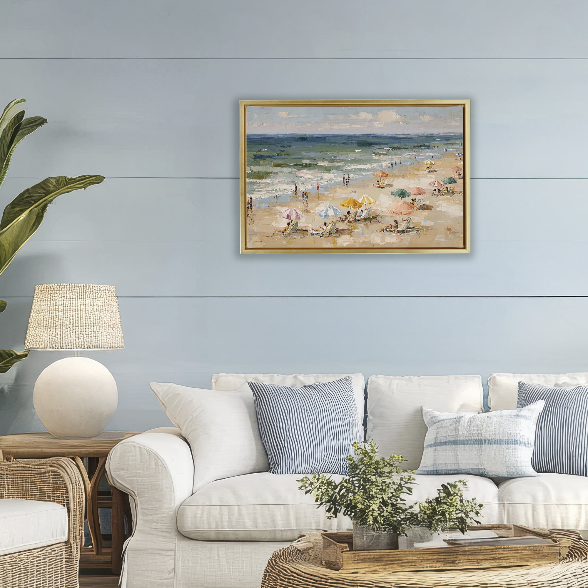 Stupell Industries Impressionist Summer Beach Day Gold Framed Floater Canvas Wall Art, design by Jacky Ngan