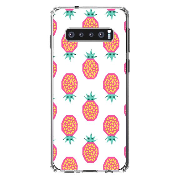 DistinctInk Clear Shockproof Hybrid Case for Samsung Galaxy S10+ PLUS(6.4" Screen) - TPU Bumper, Acrylic Back, Tempered Glass Screen Protector - Summer Graphics - Pineapple Pattern - Pink