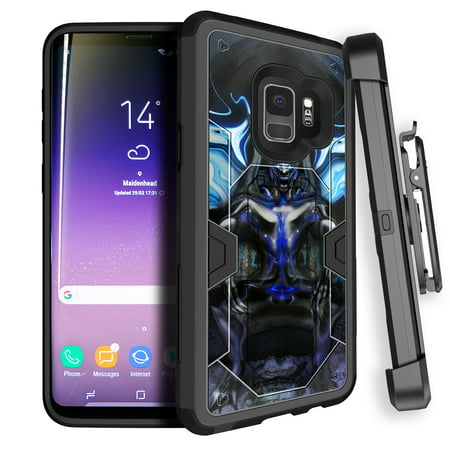 Fire Case for Samsung Galaxy S9 SM-G960 [MAX DEFENSE Rugged Flame Case for Galaxy S9 2018] Galaxy S9 Hybrid Layers Kickstand Case w/ Bonus Belt-Clip for Galaxy S9 2018 - Cool Blue (Dragon Warrior Monsters Best Monsters)