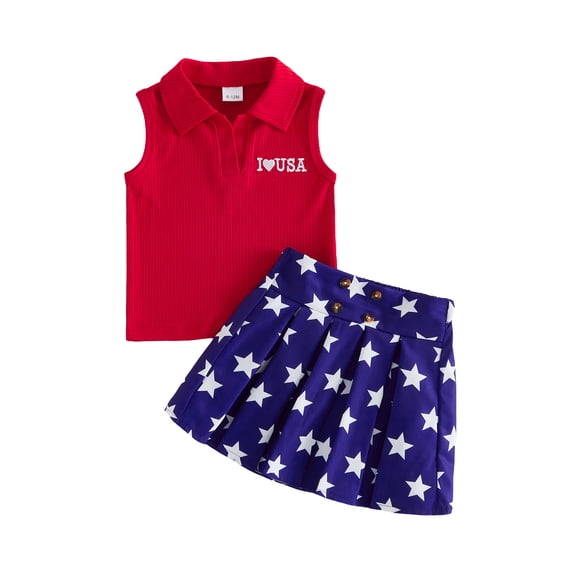 BemeyourBBs Toddler Baby Girl 4th of July Outfit I Love USA Patriot Independence Day Outfit Infant Baby Girl Summer Clothes Sleeveless Lapel Ribbed Tank Tops Star Heart Print Pleated Skirt Set