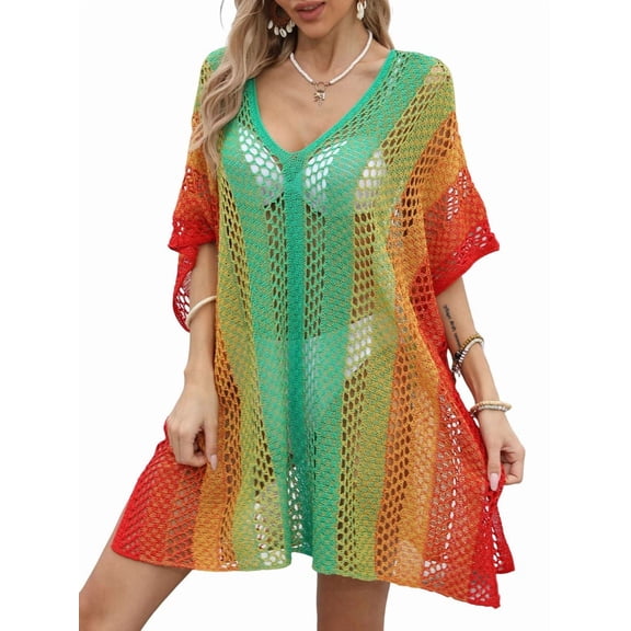 Women'S Crochet Short Dress Cover Up Stylish Beachwear and Summer Hollow Out Dress Casual Green One size