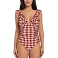 thumbnail image 2 of Goofa Red and Brown Squares Print Women's Ruffled One Piece Swimsuit V Neck, 2 of 7