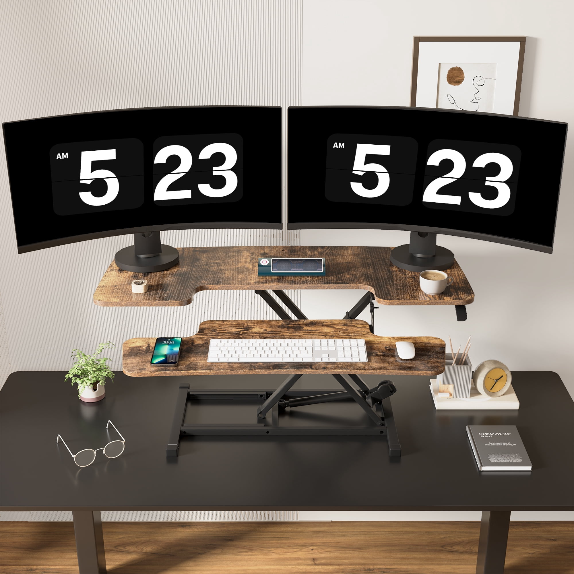 FitStand Home Office Height Adjustable Standing Desk Converter Special Walnut 42" U-Shape with Keyboard Tray
