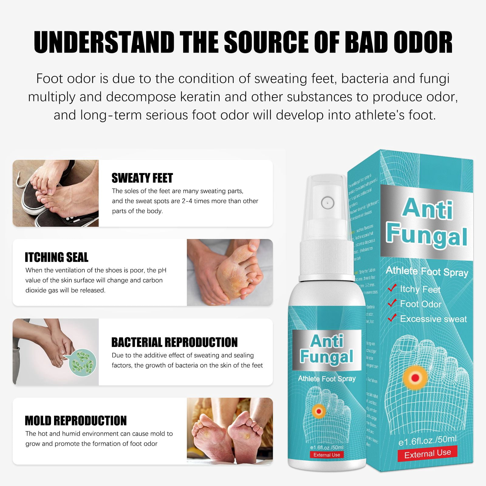 Alvantor Athletes Foot Spray with Herbal, Anti Itch Smelly Feet Deodorizer, Sweaty Feet Remedy, 1.6fl.oz