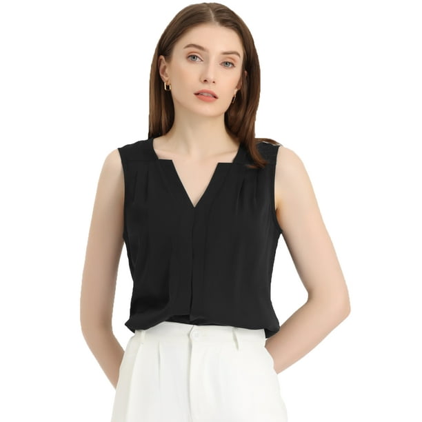 Blusa sin mangas con cuello en V para camisas de trabajo de oficina de gasa para mujer Negro M