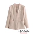 thumbnail image 3 of TRAFZA-trajes de oficina para mujer, color Beige, manga larga, cuello en V, chaqueta de gran tamaño + pantalones de pierna ancha de cintura alta, conjuntos Vintage de moda 2024, 3 of 5