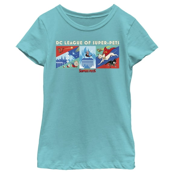 Girl's DC League of Super-Pets Super Pack Panels  Graphic Tee Tahiti Blue Small