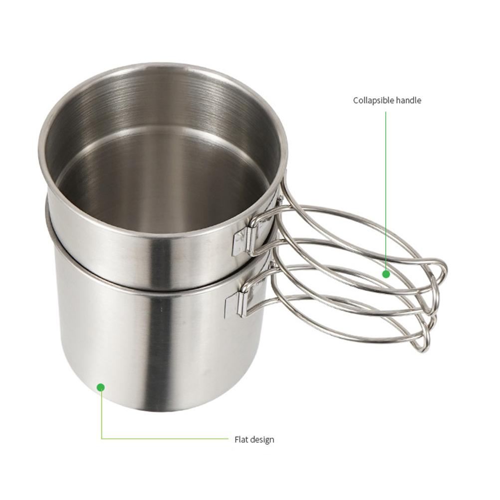 Set De Batterie De Cuisine Camping En Inox - 2 Tasses, 2 Assiettes, 1 Casserole, 1 Poêle - Empilable - Pour Randonnée, Pique-nique