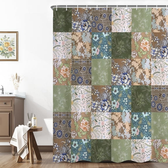 Patchwork Floral Shower Curtain with Hooks, Vintage Botanical Farmhouse Bath Curtain, Rustic Flower Pattern Waterproof Fabric Bathroom Decor Set 72x72 Inch