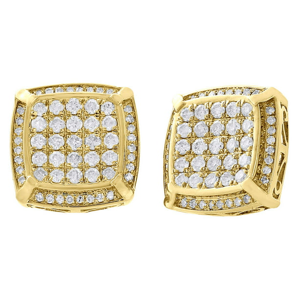 10K Yellow Gold Round Cut Diamond Studs Halo Frame Square 14mm Earrings ...