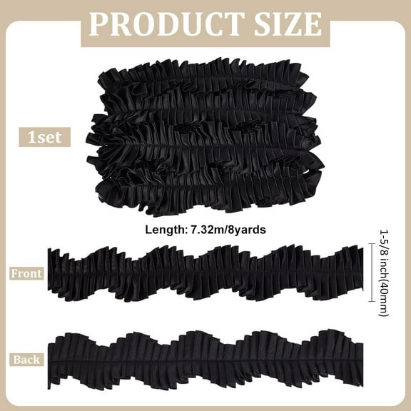 8Yards Black Wavy Pleated Lace Ribbon 1-5/8 inch Wide Polyester Ruffle Ribbon Edging Trimmings Fabric for Sewing Craft Ruffle Trim for Dress Headband Clothes DIY Decoration