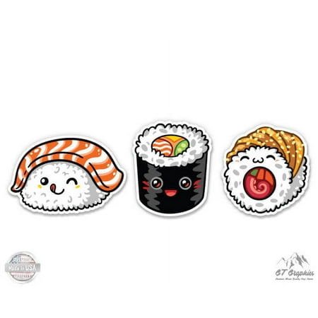 Cute Sushi Set of 3 - 2" each Vinyl Stickers - For Car Laptop I-Pad Phone Helmet Hard Hat - Waterproof Decals