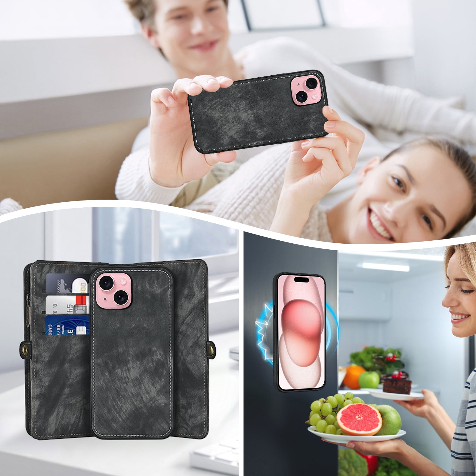 Asuwish Compatible with iPhone 15 6.1 inch Phone Case Zipper Wallet Detachable Tempered Glass Screen Protector Crossbody Lanyard Strap Flip Card Holder Cell Cover for i Phone15 i15 15Case Women Black