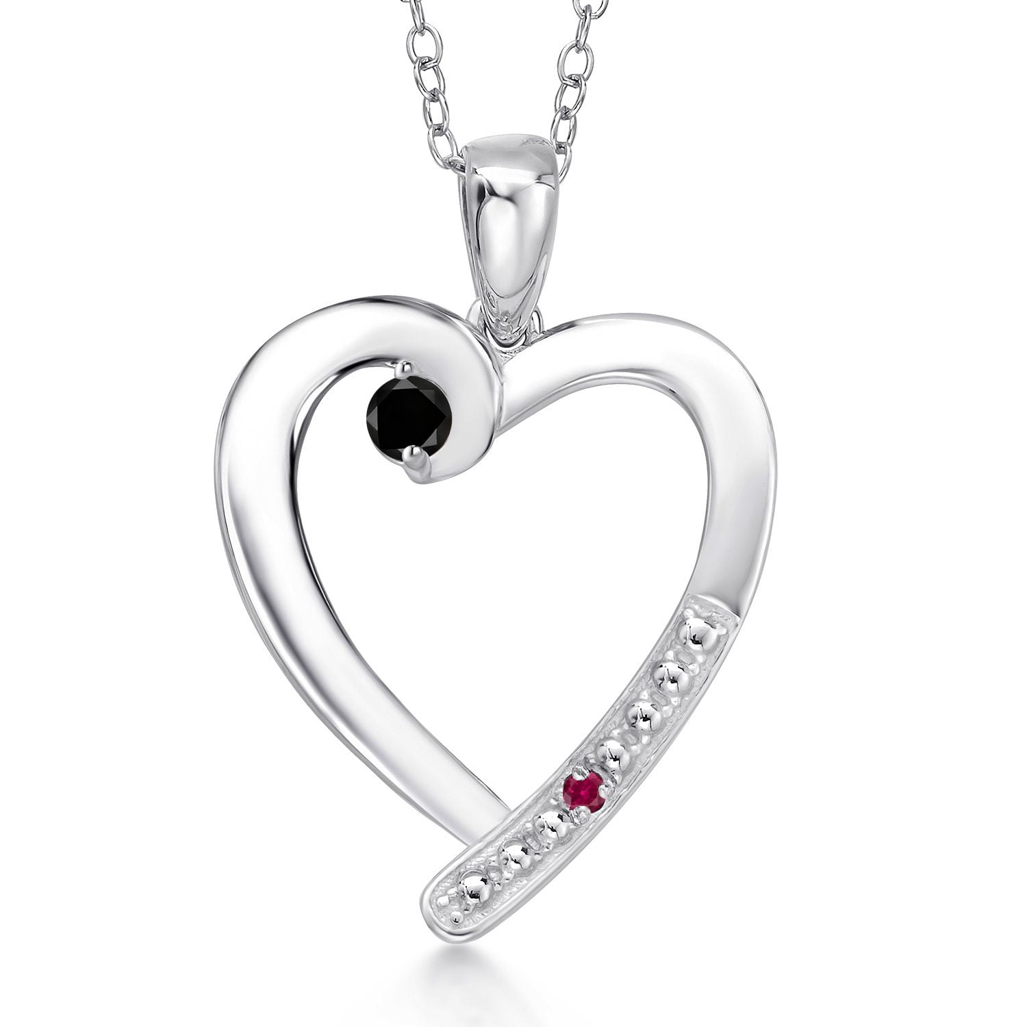 Gem Stone King 925 Sterling Silver Black Diamond and Red Created Ruby Heart Pendant Necklace for Women | 0.19 Cttw | Gemstone April Birthstone | Round 3.5MM | With 18 inch Chain